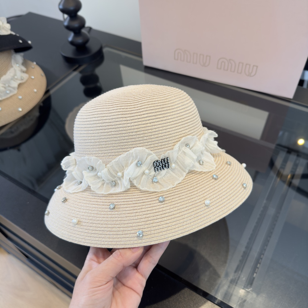 Miu Miu Embellished Straw Cloche Hat White Lace & Crystal Luxury View 3